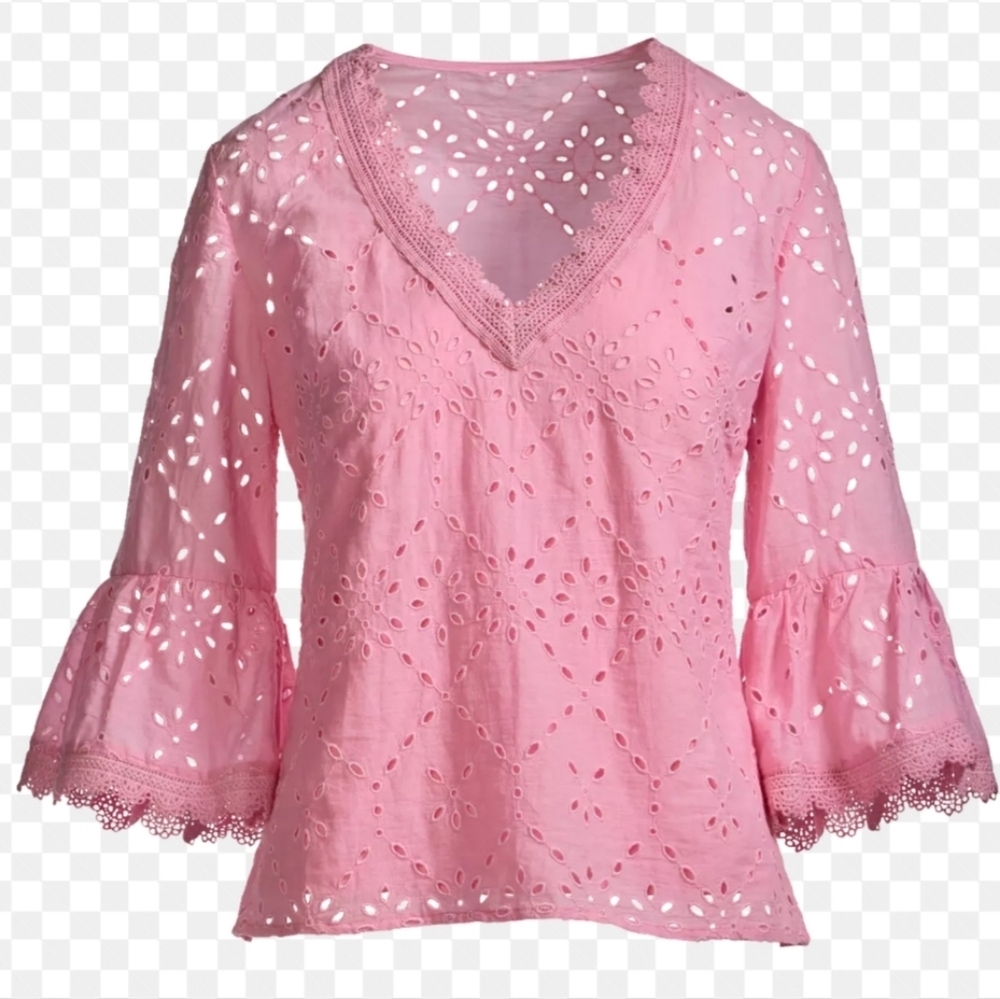 Boston Proper Pink Eyelet Tiered Bell Sleeve Resortwear Vacation Blouse Size M
